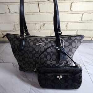 Euc Coach Zip Top Black Signature w/Wristlet Tote Bag Purse m